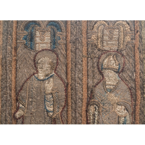 21 - Two large linen, silk- and silverthread orphrey fragments depicting saints below arcatures, Spain, e... 