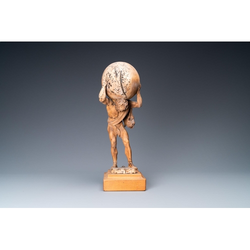 51 - A limewood figure of Atlas carrying the globe, Germany, ca. 1700H.: 41,5 cm (incl. stand)H.: 36,5 cm... 