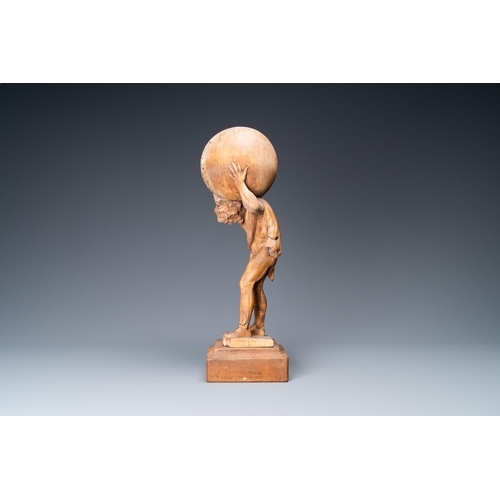 51 - A limewood figure of Atlas carrying the globe, Germany, ca. 1700H.: 41,5 cm (incl. stand)H.: 36,5 cm... 