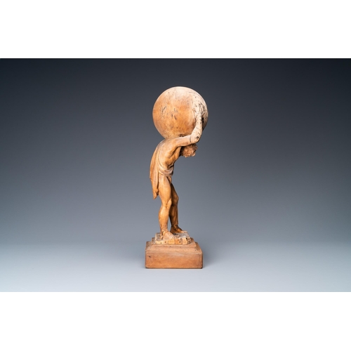 51 - A limewood figure of Atlas carrying the globe, Germany, ca. 1700H.: 41,5 cm (incl. stand)H.: 36,5 cm... 