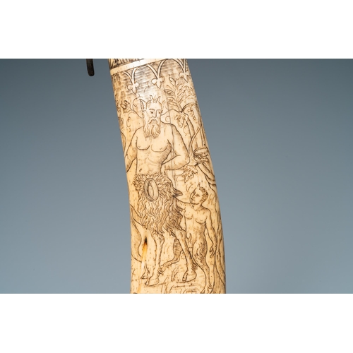 57 - An engraved mythological subject stag antler horn powder flask, probably Germany, 19th C.H.: 31 cm D... 