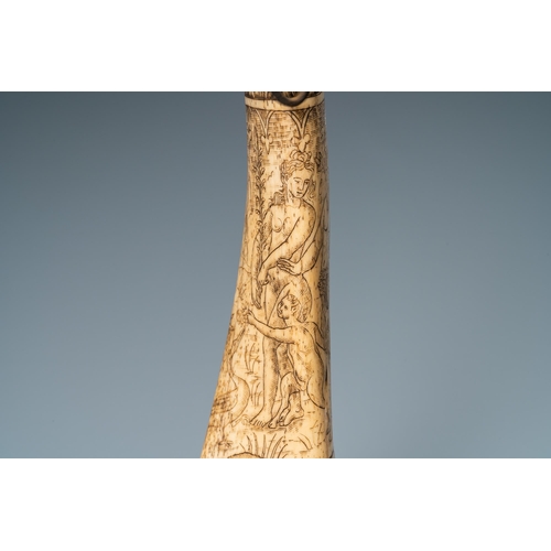 57 - An engraved mythological subject stag antler horn powder flask, probably Germany, 19th C.H.: 31 cm D... 