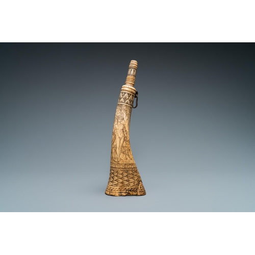 57 - An engraved mythological subject stag antler horn powder flask, probably Germany, 19th C.H.: 31 cm D... 