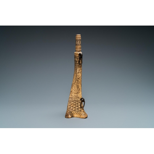 57 - An engraved mythological subject stag antler horn powder flask, probably Germany, 19th C.H.: 31 cm D... 