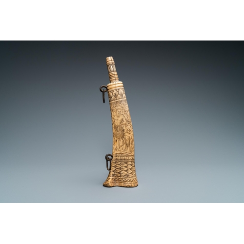 57 - An engraved mythological subject stag antler horn powder flask, probably Germany, 19th C.H.: 31 cm D... 