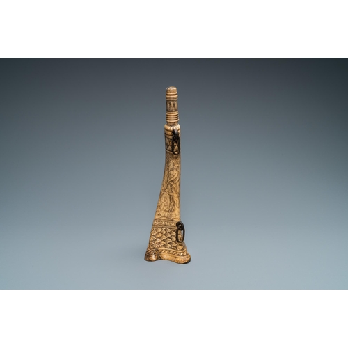 57 - An engraved mythological subject stag antler horn powder flask, probably Germany, 19th C.H.: 31 cm D... 