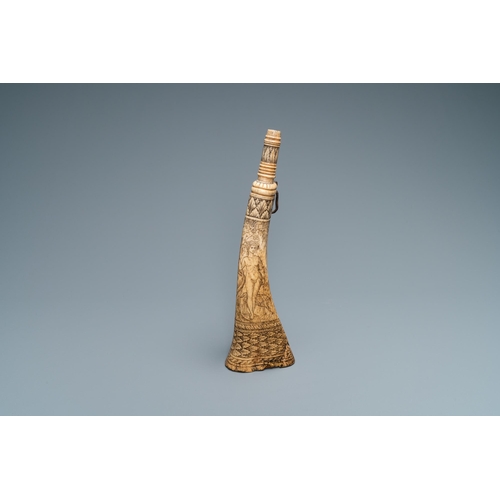 57 - An engraved mythological subject stag antler horn powder flask, probably Germany, 19th C.H.: 31 cm D... 