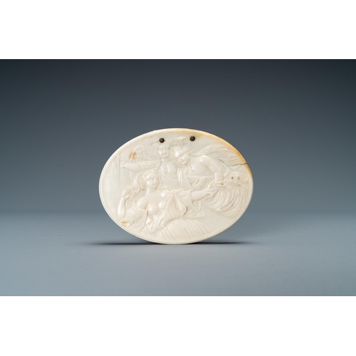 66 - A silver-mounted oval ivory box depicting Diana and her nymphs, 18th C.Lot subject to CITES-regulati... 