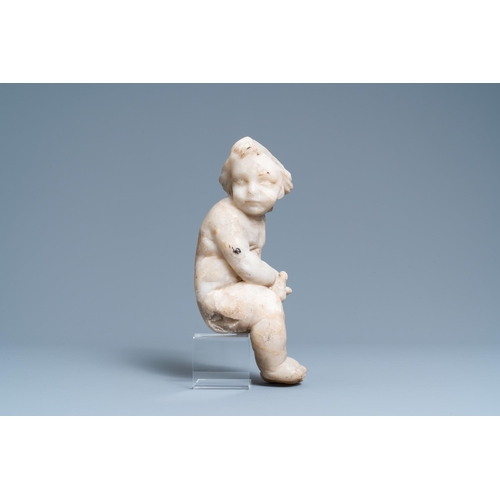 78 - An alabaster figure of a putto with a bird on the knee, 17th C.H.: 35 cm  Provenance: - The Davioud-... 