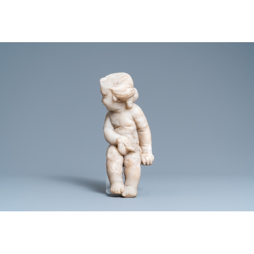 78 - An alabaster figure of a putto with a bird on the knee, 17th C.H.: 35 cm  Provenance: - The Davioud-... 