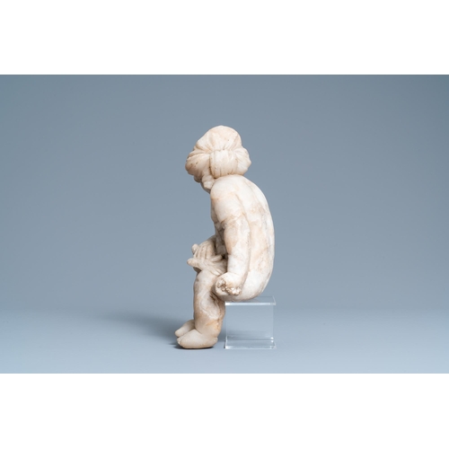 78 - An alabaster figure of a putto with a bird on the knee, 17th C.H.: 35 cm  Provenance: - The Davioud-... 