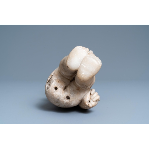 78 - An alabaster figure of a putto with a bird on the knee, 17th C.H.: 35 cm  Provenance: - The Davioud-... 