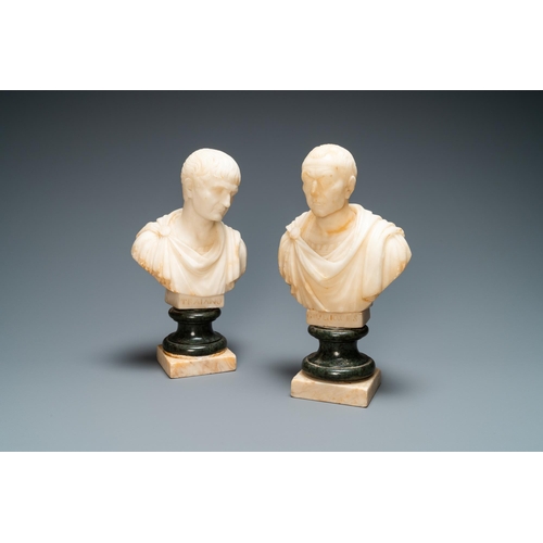 82 - A pair of Italian alabaster busts of the emperors Trajan and Julius Caesar, 19th C.H.: 30 cm (incl. ... 