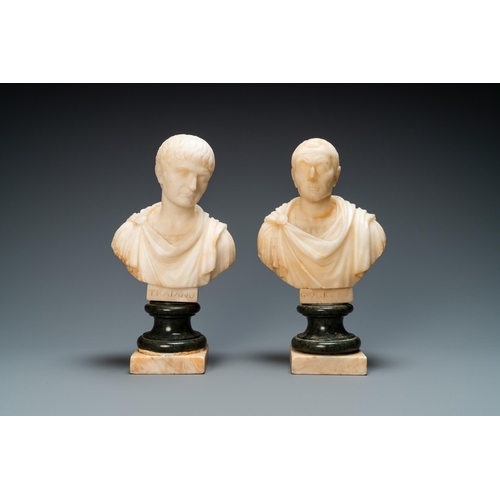 82 - A pair of Italian alabaster busts of the emperors Trajan and Julius Caesar, 19th C.H.: 30 cm (incl. ... 