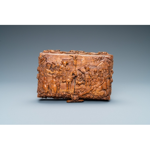 525 - A corozo wood casket with scenes from William Tell, France, 18/19th C. Dim.: 12 x 8 x 4,5 cm