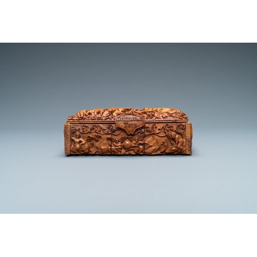 525 - A corozo wood casket with scenes from William Tell, France, 18/19th C. Dim.: 12 x 8 x 4,5 cm