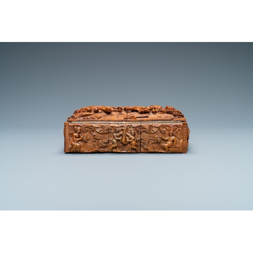 525 - A corozo wood casket with scenes from William Tell, France, 18/19th C. Dim.: 12 x 8 x 4,5 cm