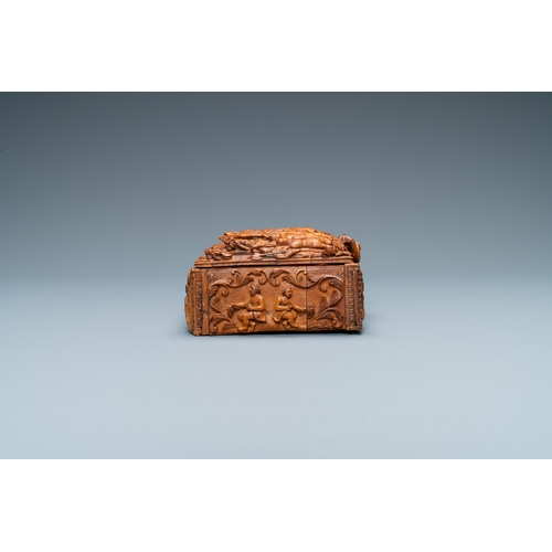 525 - A corozo wood casket with scenes from William Tell, France, 18/19th C. Dim.: 12 x 8 x 4,5 cm