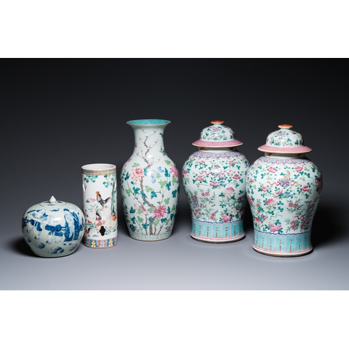 48 - Three Chinese famille rose vases, a hat stand and a blue and white celadon-ground jar and cover, 19t... 