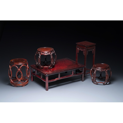 915 - Five Chinese well-carved wooden stands, 20th C.Dim.: 45,5 x 32 x 16,5 cm (the rectangular stand)Dim.... 