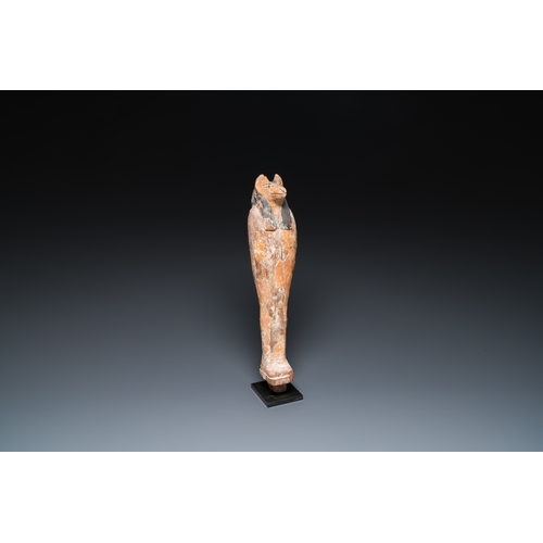 1398 - An Egyptian stucco painted wooden mummiform figure of Anubis, New KingdomH.: 46 cm (incl. the stand)... 