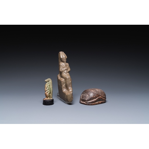 1403 - A green stone sculpture of Osiris, a steatite scarab and a green frit Thot, Egypt, New Kingdom to Pt... 