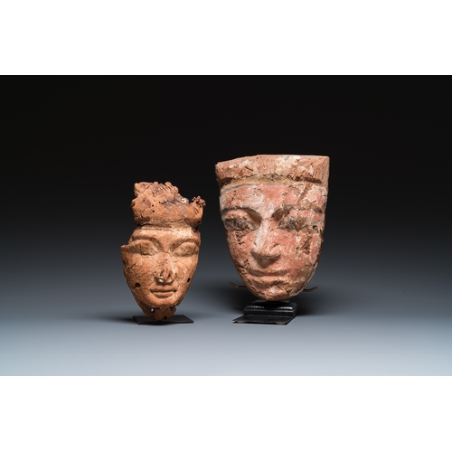 1405 - Two Egyptian wooden sarcophagus masks, Ramesside and Ptolemaic periodsH.: 27 cm (the polychromed mas... 