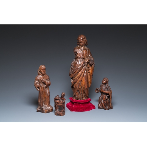 1203 - Four various religious wood sculptures, 16/17th C.H.: 53 cm (the tallest incl. stand) H.: 46,5 cm (t... 