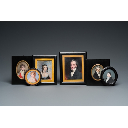 1218 - Six portrait miniatures, England and/or France, 19th C.Dim.: 16 x 13 cm (the largest frame)Dim.: 11 ... 