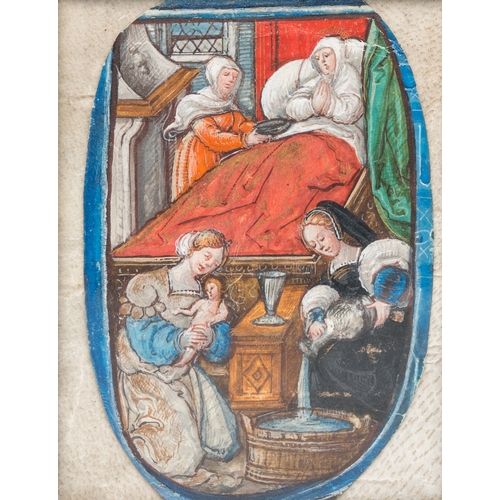 1222 - Miniature on paper: 'Birth of the Virgin', part of a historiated initial from an illuminated manuscr... 