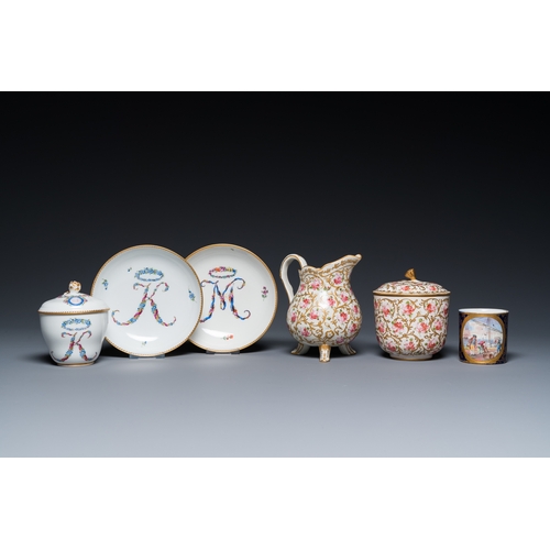 1228 - A Meissen porcelain covered bowl and two saucers, a Sevres-style milk jug, a covered bowl and a cup,... 