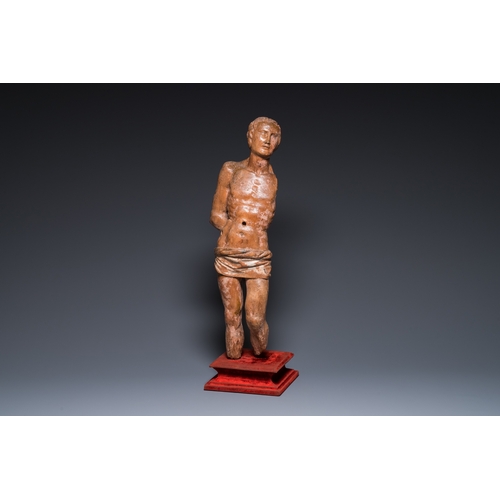 1233 - A German wood sculpture of Saint Sebastian, 16th C.H.: 79,5 cm (incl. stand)H.: 71,5 cm (excl. stand... 