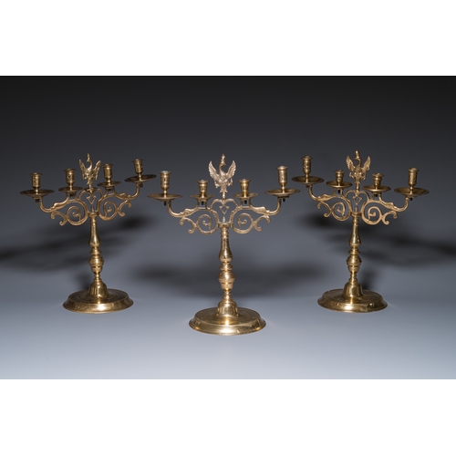 1235 - Three large Polish or Prussian bronze 'shabbat' candlesticks crowned with double eagles, 17th C.H.: ... 