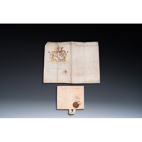 1255 - A Flemish armorial manuscript on parchment and a second one, dated 1587 and bearing a seal, 16th C.D... 