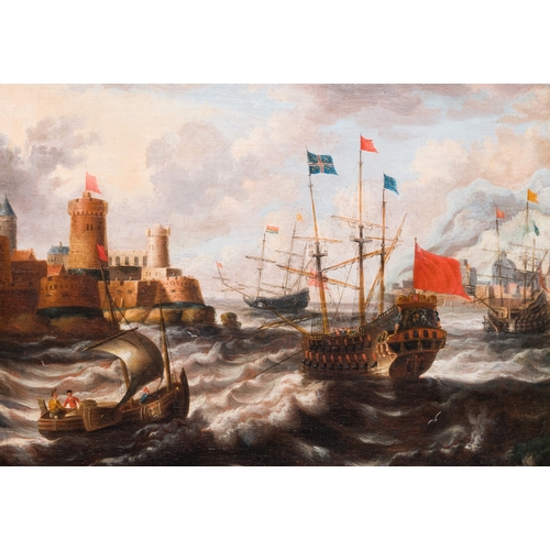 1261 - Peter van den Velde (1634-1723/1724, attr. to): 'Harbour view with four ships at sea', oil on canvas... 