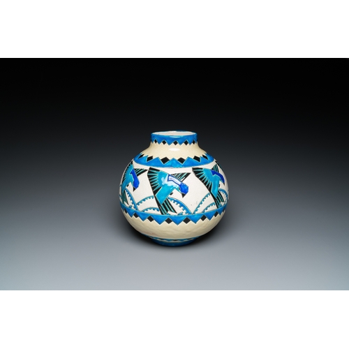 1266 - Charles Catteau (1880-1966) for Boch Keramis: a globular Art Deco crackle-glazed vase with swallowsH... 