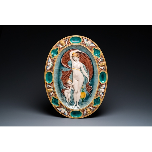 1267 - An oval Mintons majolica dish with a goddess with putto, England, year mark 1874L.: 49 cm... 