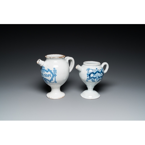 1276 - Two blue and white Brussels faience wet drug jars, late 17th and 19th C.H.: 23 cm (the tallest)... 