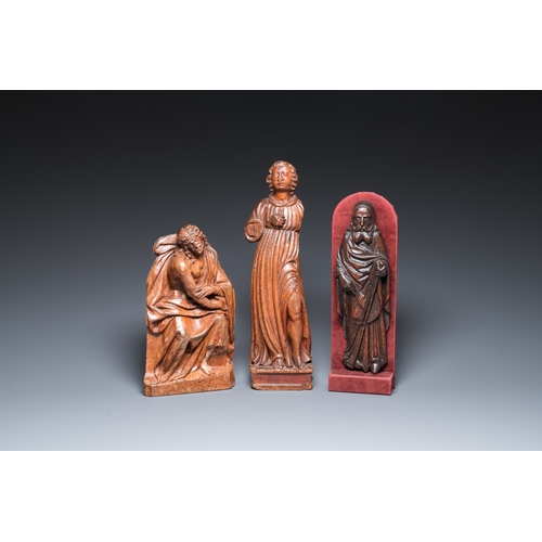 1285 - Three wood sculptures of the Pensive Christ, Antonius the Great and a saint, 16th C.H.: 30 cm (the P... 