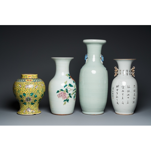 10 - Four Chinese famille rose and celadon-ground vases, 19/20th C.H.: 56,5 cm (the tallest)... 