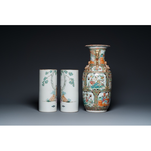 12 - A pair of Chinese famille rose hat stands and a Canton famille rose vase, 19/20th C.H.: 45,5 cm (the... 