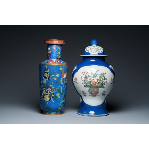 22 - A Chinese famille verte powder-blue-ground vase and a cloisonne rouleau vase, 19th C.H.: 48 cm (the ... 