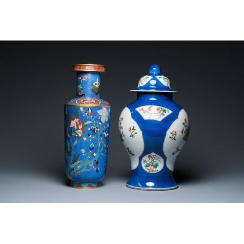 22 - A Chinese famille verte powder-blue-ground vase and a cloisonne rouleau vase, 19th C.H.: 48 cm (the ... 