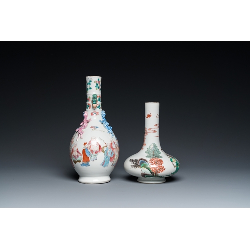 28 - A Chinese famille rose '18 Luohan' bottle vase and a famille verte vase, Kangxi mark, 19th C.H.: 25 ... 