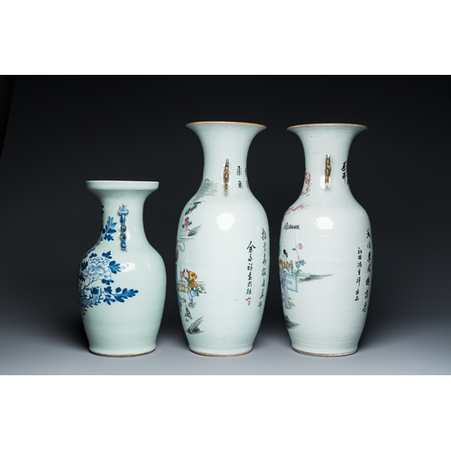 34 - Two Chinese famille rose vases and a blue and white celadon vase, 19/20th C.H.: 57 cm (the tallest)... 