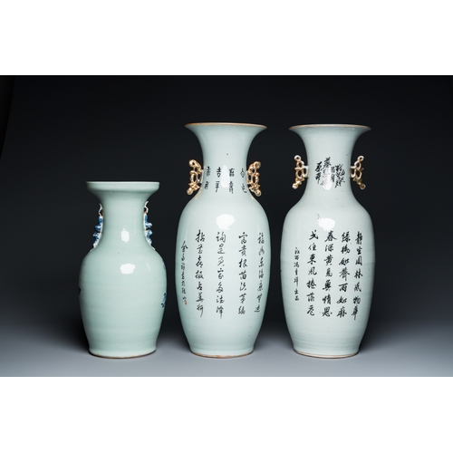 34 - Two Chinese famille rose vases and a blue and white celadon vase, 19/20th C.H.: 57 cm (the tallest)... 