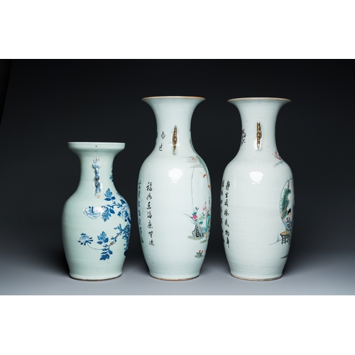 34 - Two Chinese famille rose vases and a blue and white celadon vase, 19/20th C.H.: 57 cm (the tallest)... 