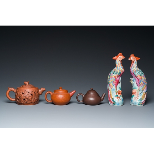 37 - Three Chinese Yixing stoneware teapots with covers and a pair of famille rose pheasants, 19/20th C.H... 