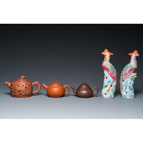 37 - Three Chinese Yixing stoneware teapots with covers and a pair of famille rose pheasants, 19/20th C.H... 