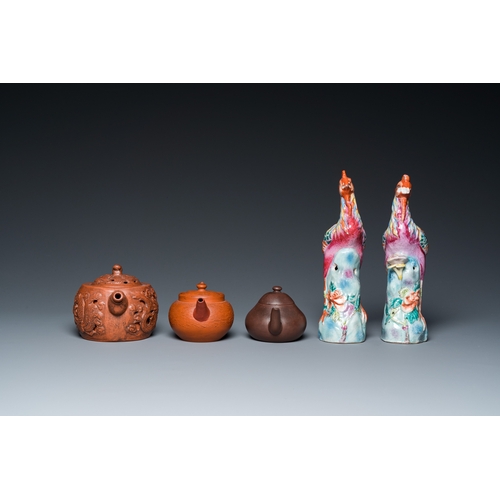 37 - Three Chinese Yixing stoneware teapots with covers and a pair of famille rose pheasants, 19/20th C.H... 